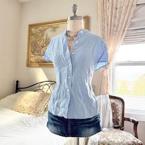 linen button front top  90s blue linen button front top Talbots size large